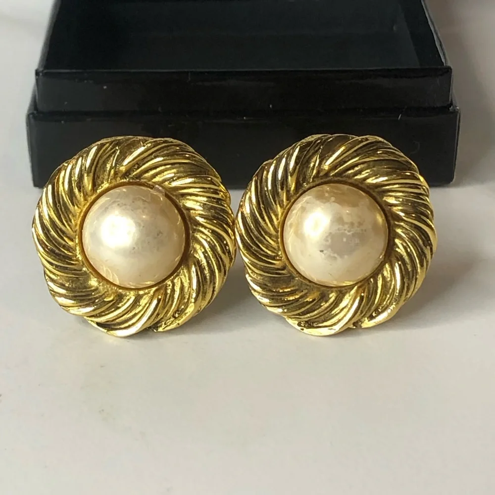 CHANEL 24k Gold Plated and Faux Pearl Earrings w/ BOX